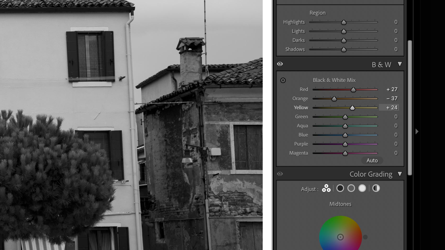 Black and White Mix panel in Adobe Lightroom