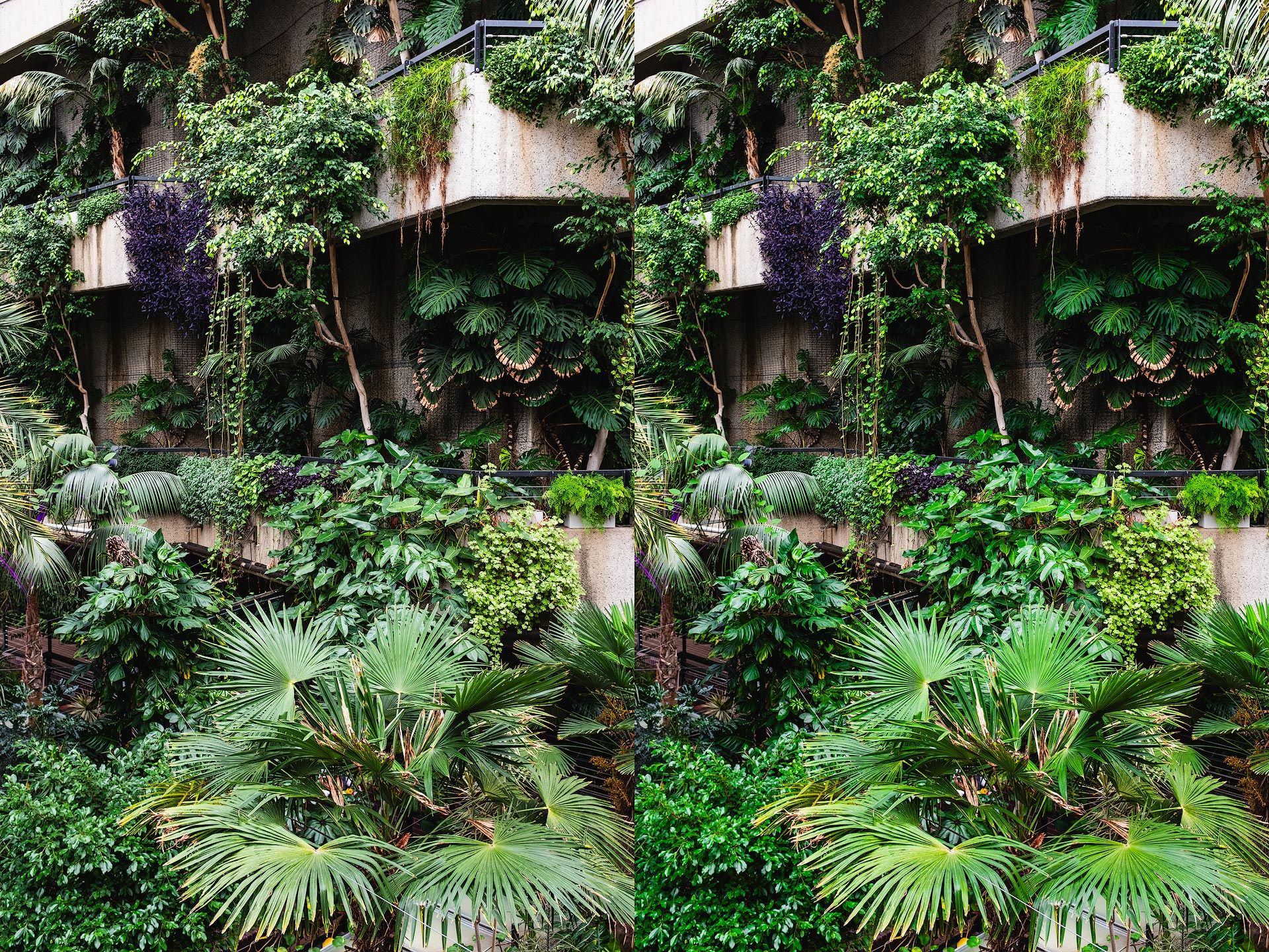 Barbican Centre original image (left), Green Saturation +50 (right)