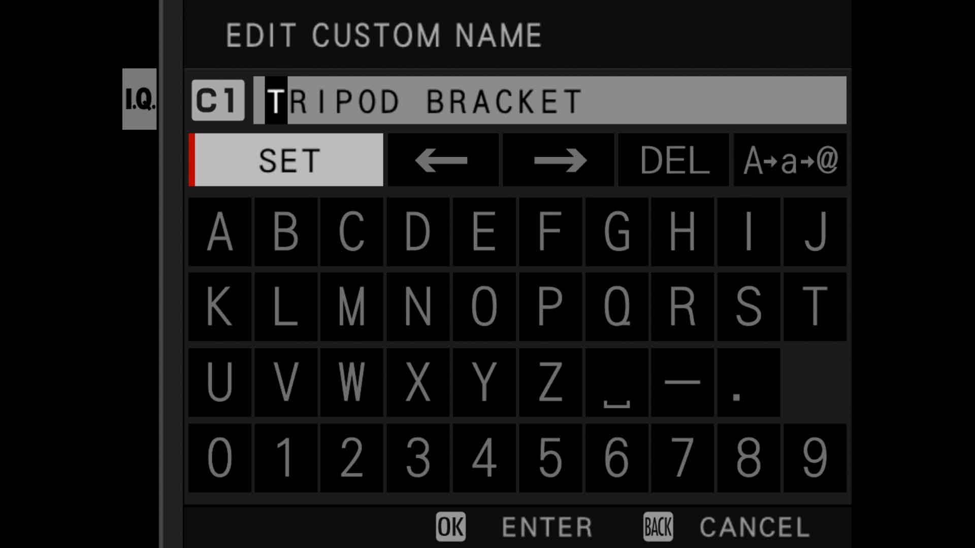 Edit Custom Name keyboard UI on Fuji GFX 100s