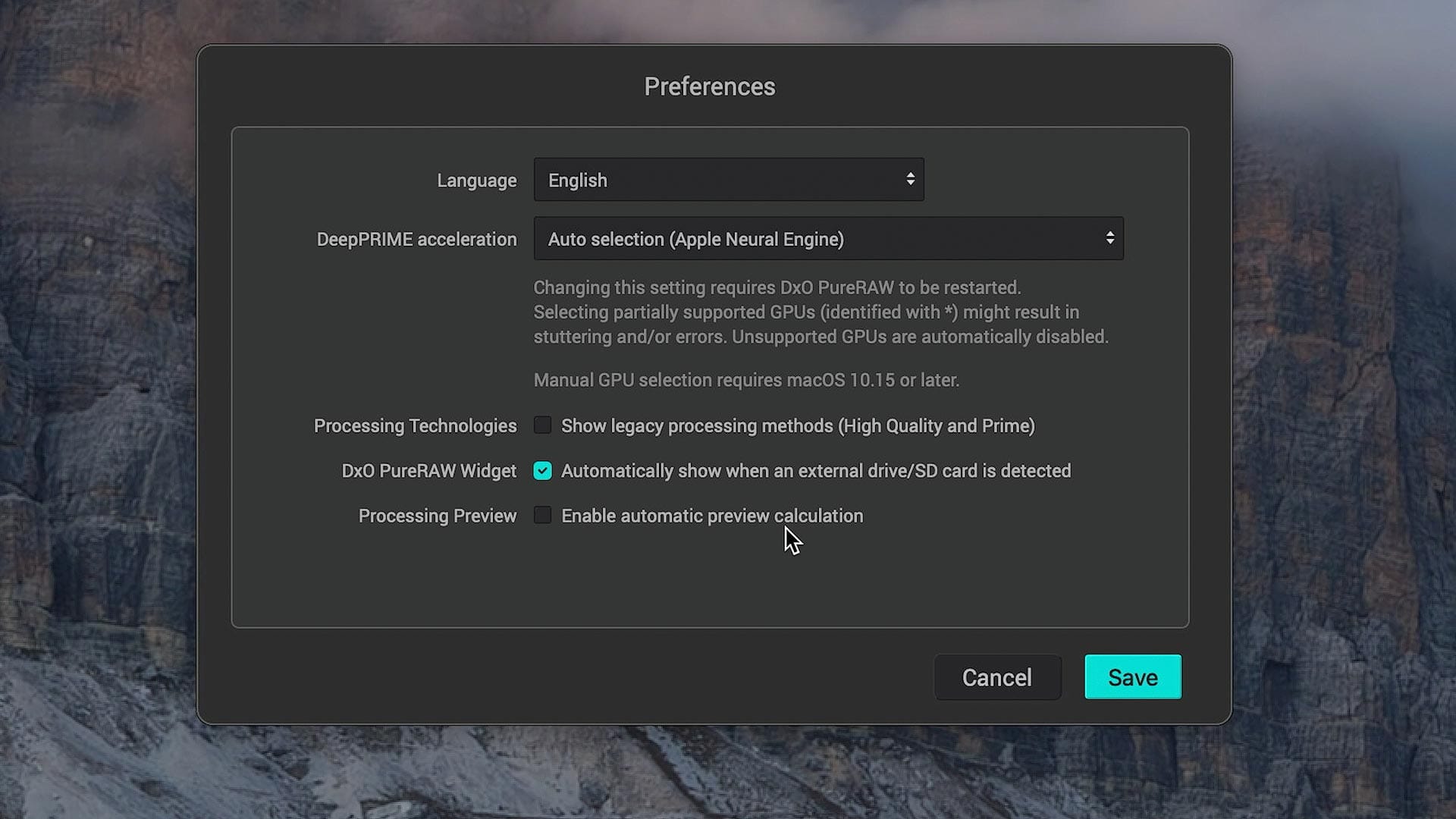 Disabled live preview in PureRAW preferences