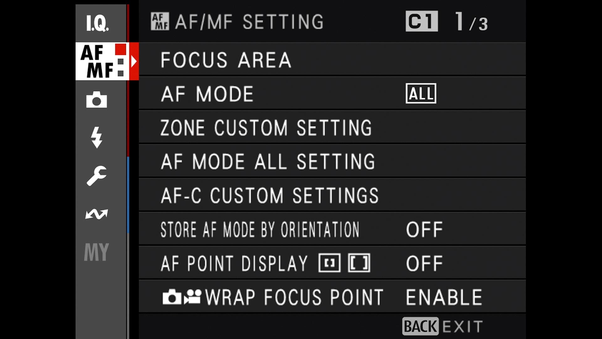 Auto Manual Focus settings menu on GFX 100S II