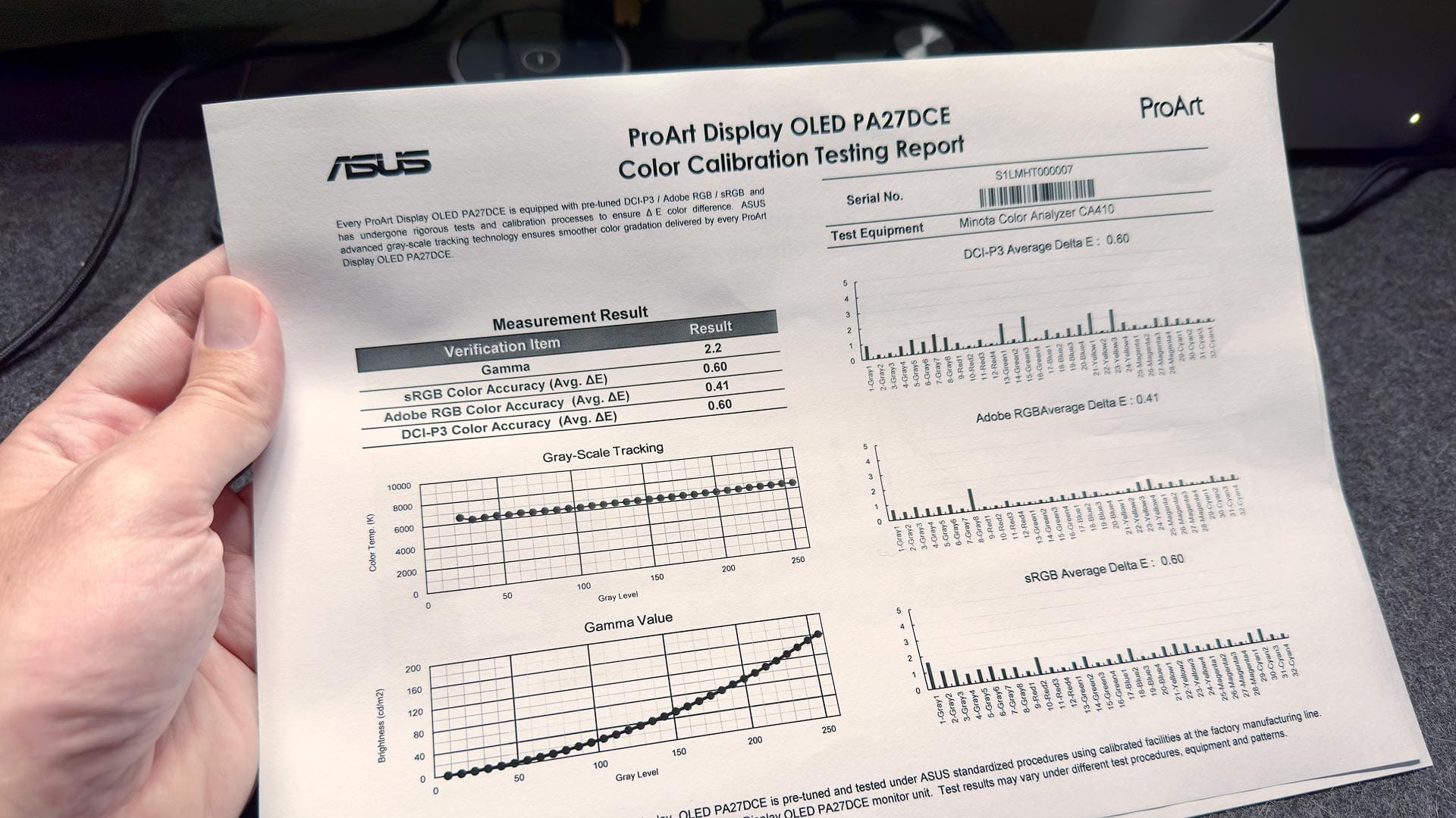 Printed calibration report which came with the Asus PA27DCE