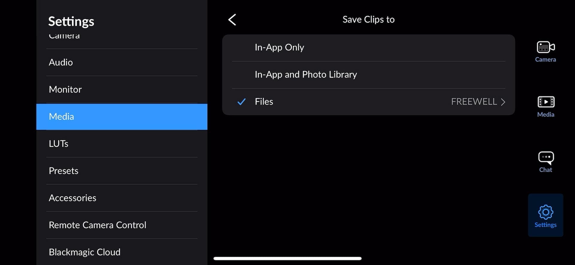 Assigning the Hub as the media destination in Blackmagic Cam for iOS