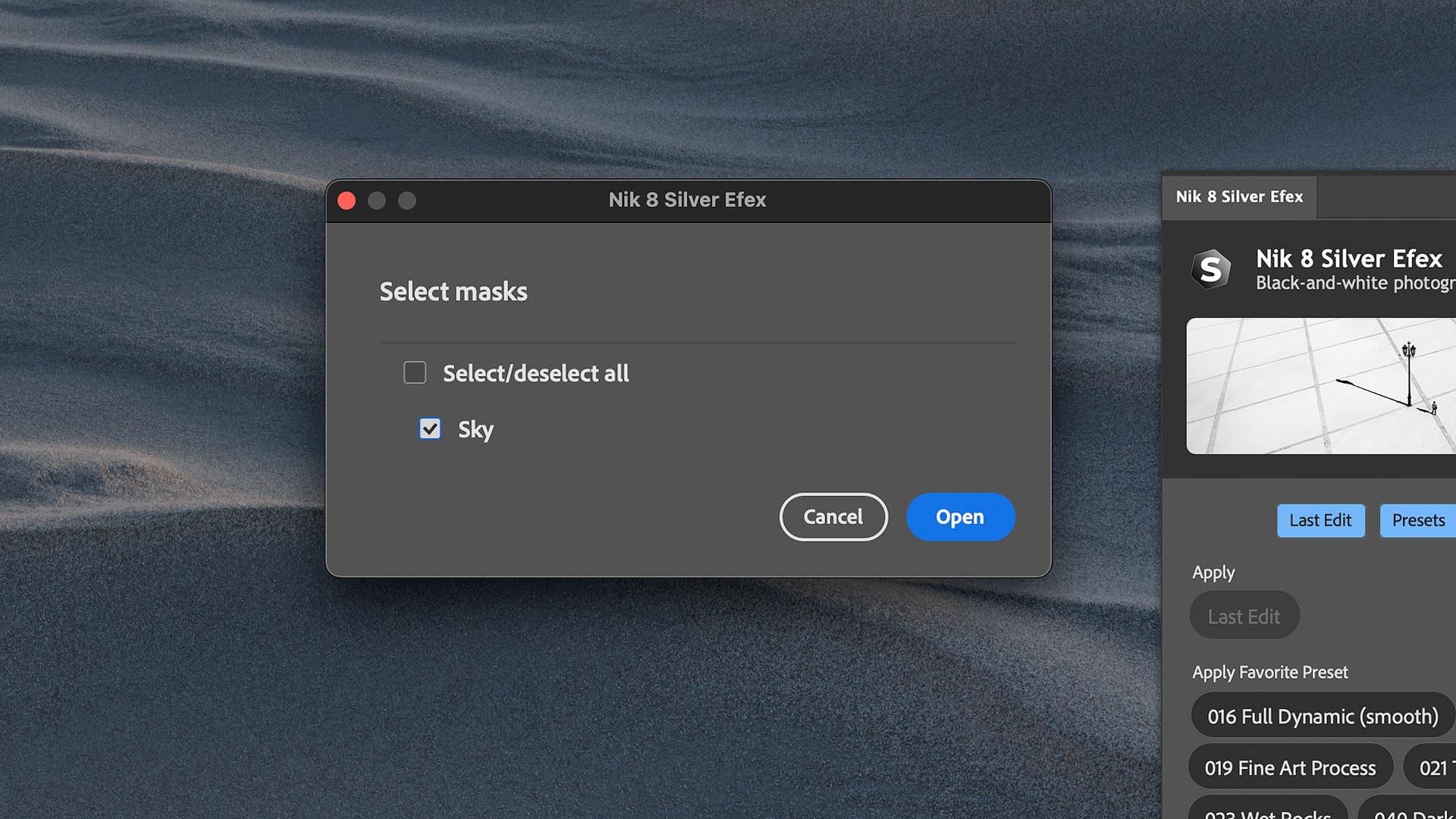 Selecting a Photoshop mask in Silver Efex 8